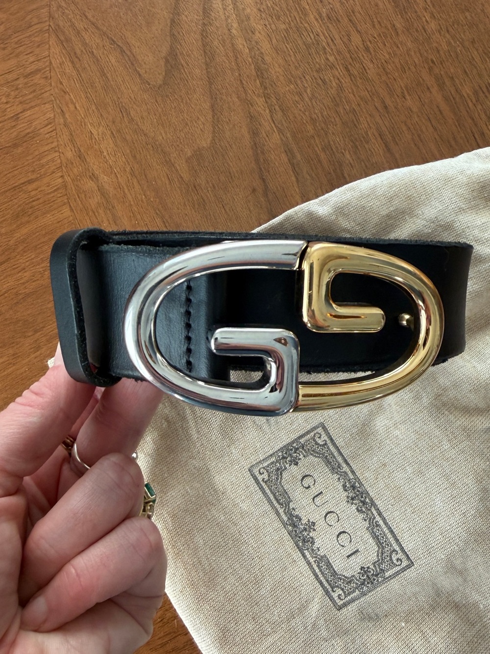 Gucci Black Leather Belt with Two-Tone Silver & Gold GG Buckle
